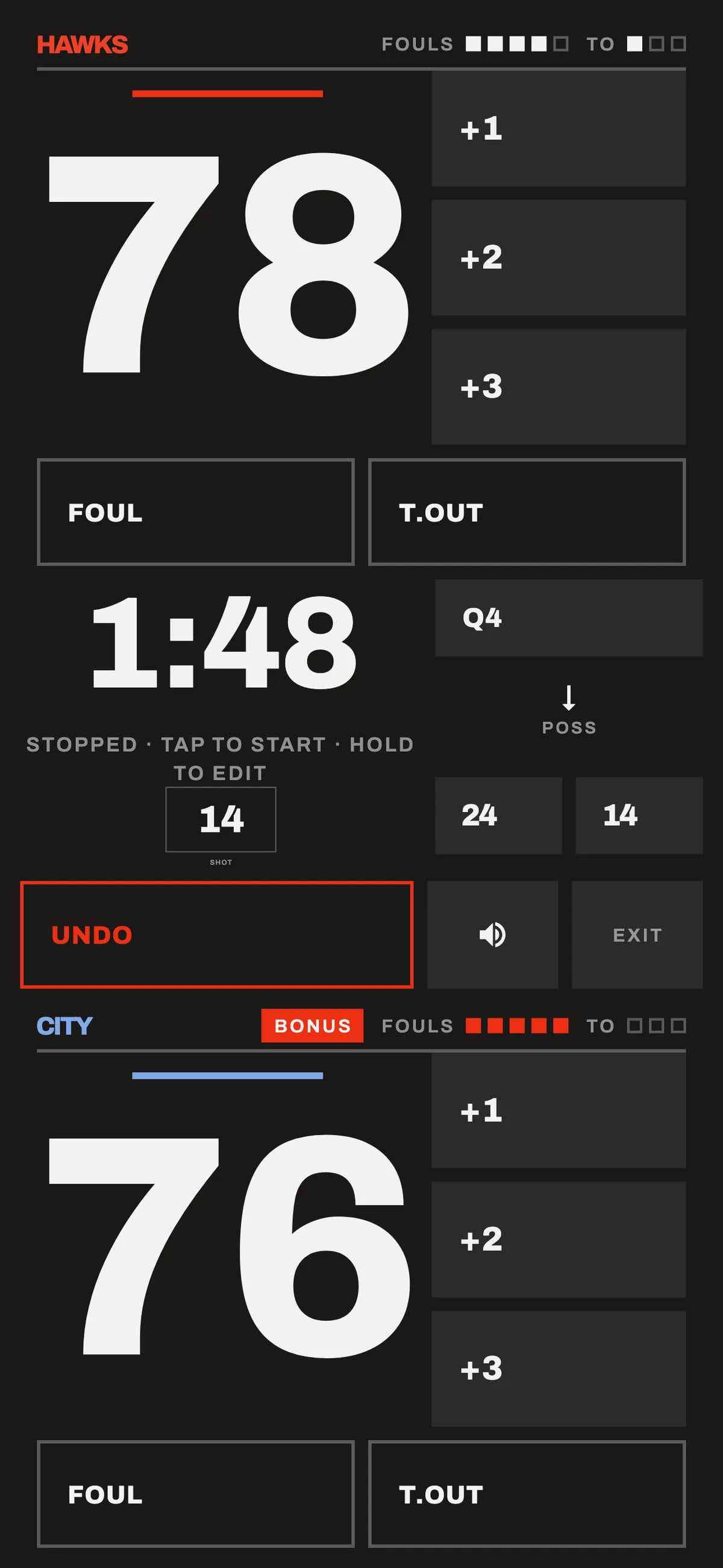 The board on an iPhone held upright: home score at the top, the clock in a band across the middle, away score below.
