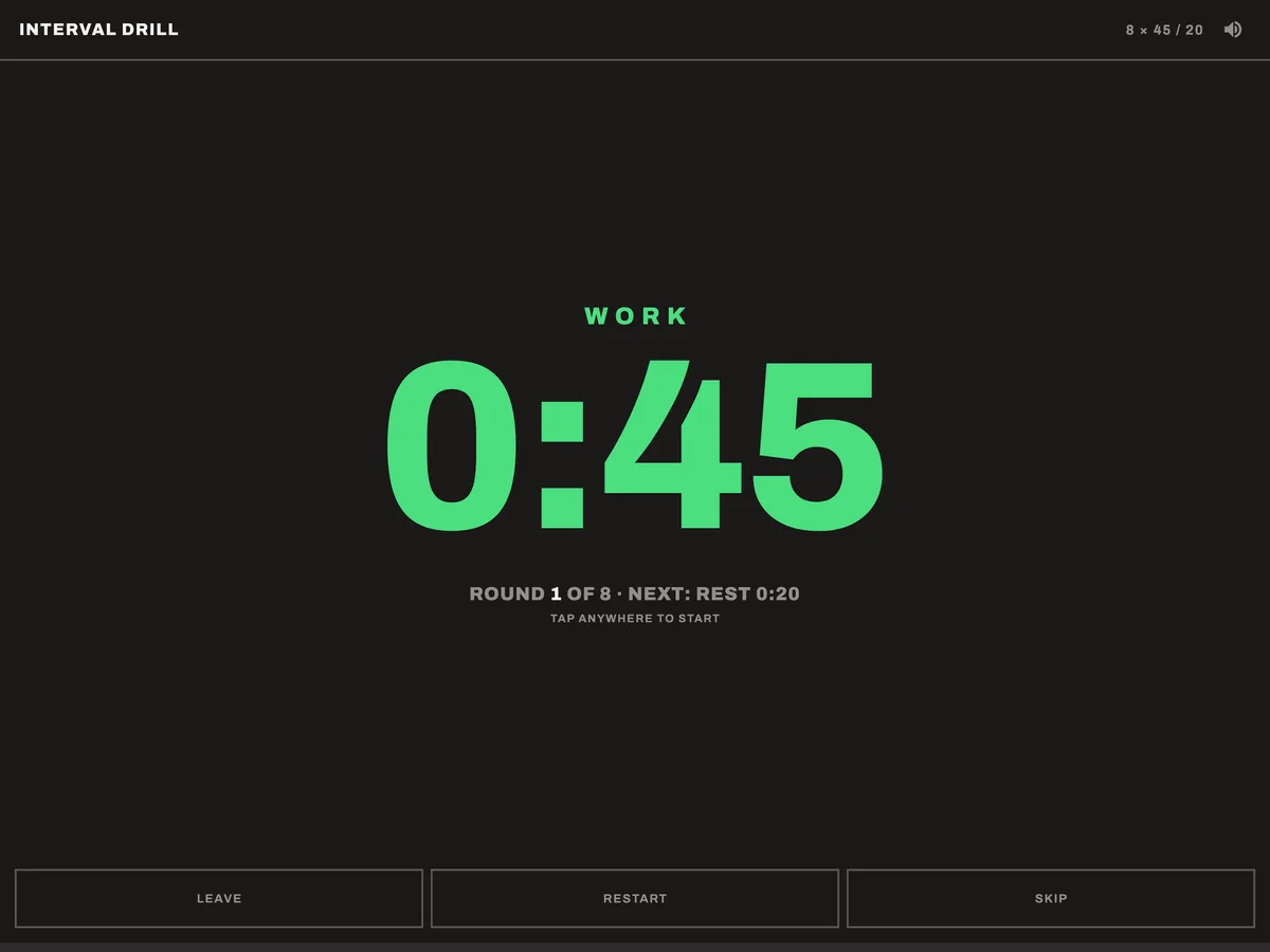 The interval drill timer, running a work segment in green